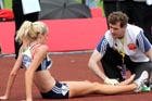 Eilish McColgan has an ankle problem after completing the 3000 metres Steeplechase is seen by the doctor, 2011 Aviva London Grand Prix